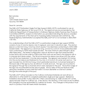 CA MASH TL-3 APPROVED POST. Letter from CalTrans