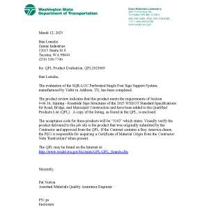 Letter from Washington State Department of Transportation. Made out to Ben Lemcke